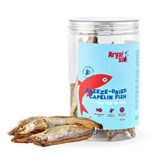 Arya Sit! freeze-dried capelin treat in a jar for convenient, fresh-snack feeding.