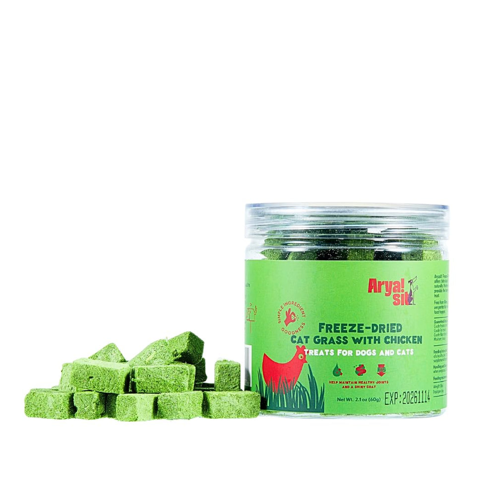 Arya Sit! freeze-dried cat grass with chicken bites in a jar showing premium packaging.