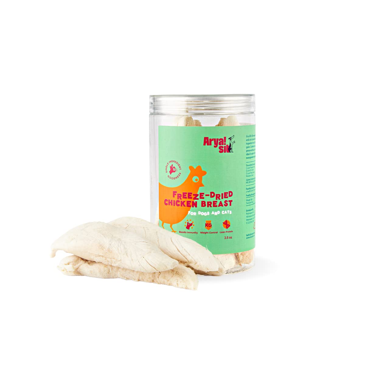 Arya Sit! freeze-dried chicken breast treats in a jar, portable and fresh for pets on the go.