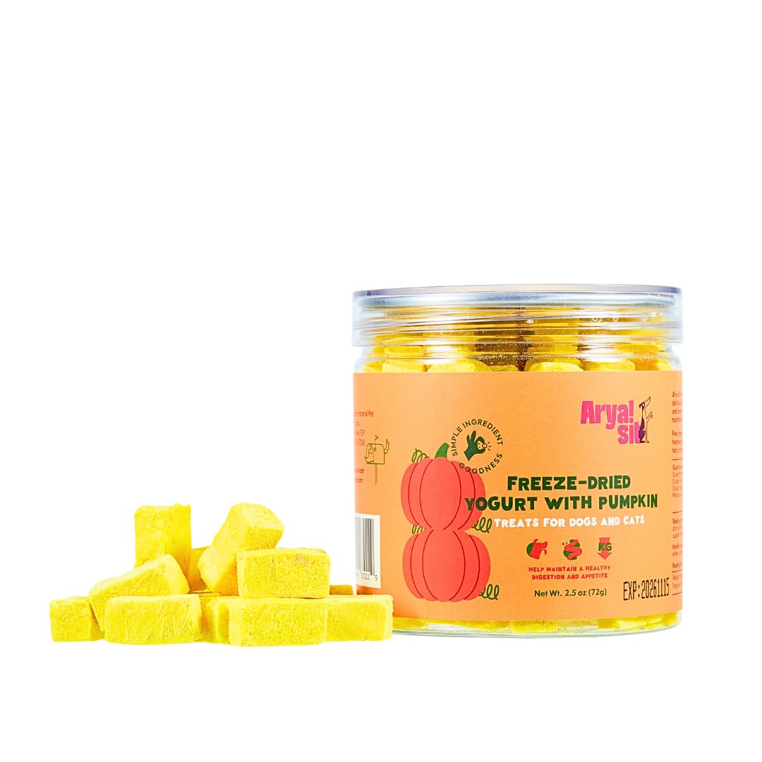 Arya Sit! freeze-dried pumpkin yogurt treat jar, probiotic snack for dogs and cats.
