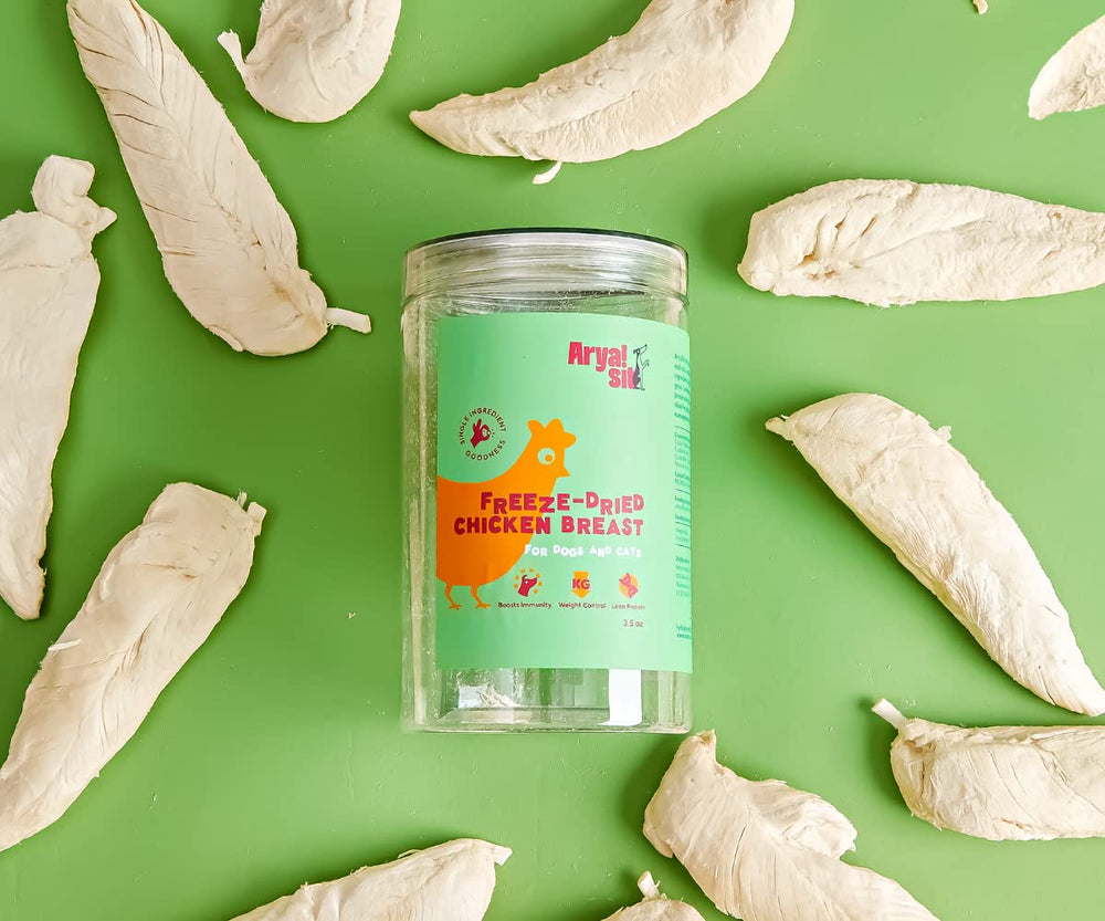 Arya Sit! single-protein chicken dog treat highlighting lean protein and grain-free appeal.