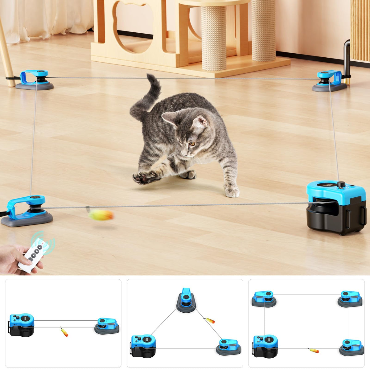AsFrost sky-blue upgraded interactive cat toy, front view, indoors for energetic chase fun.