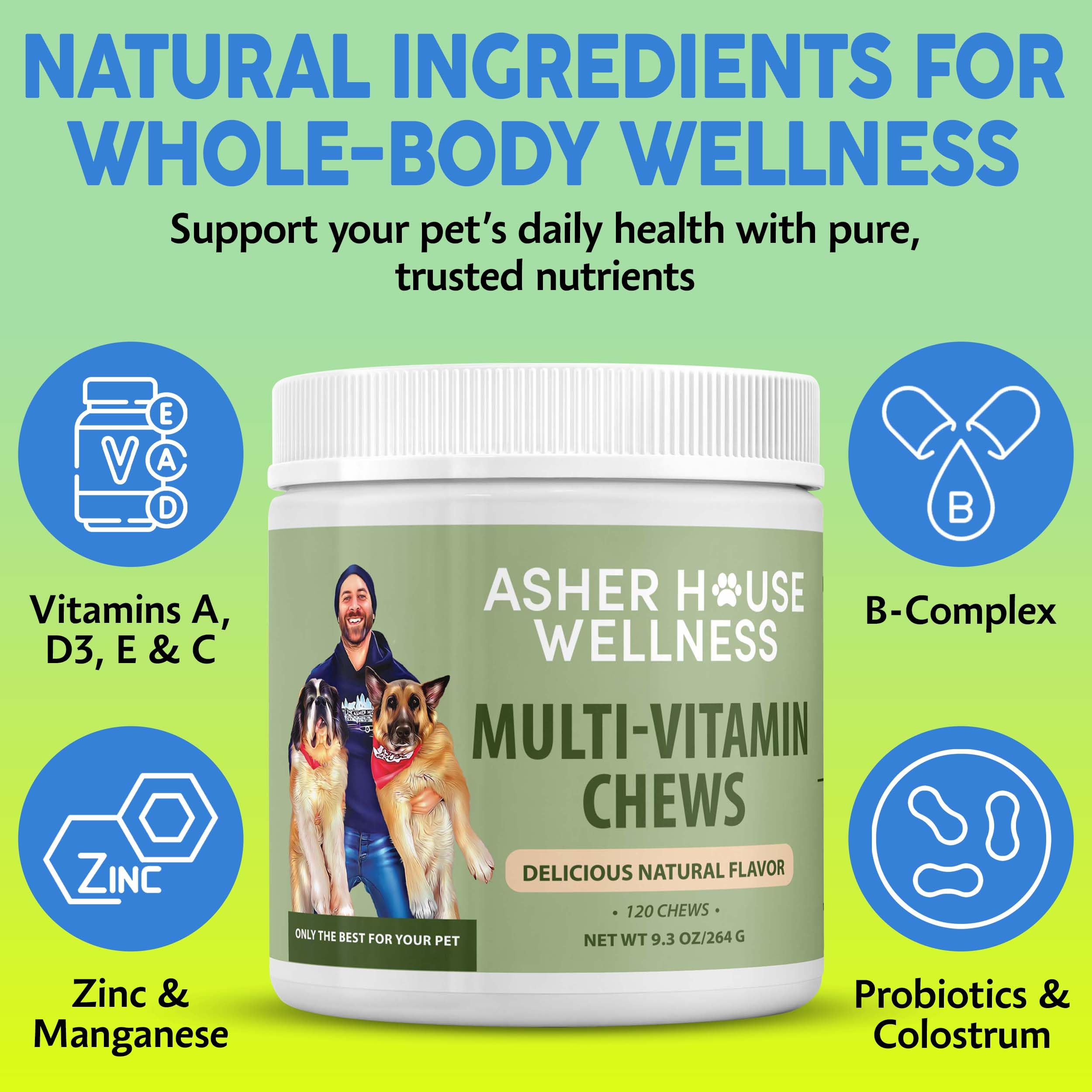 Asher House Wellness dog eating chews shows tasty natural flavor encouraging daily dosing.