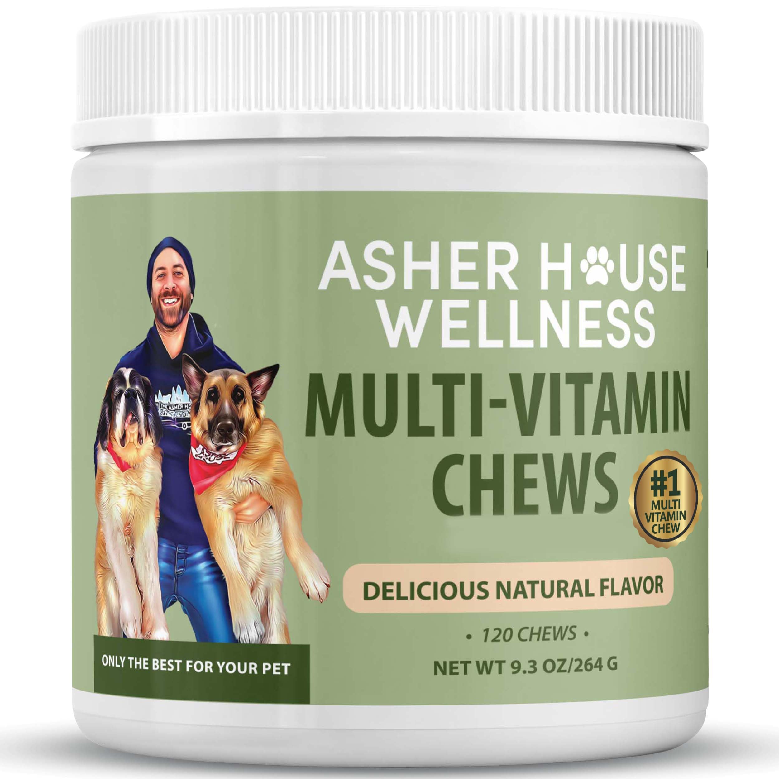 Asher House Wellness dog multivitamin chews bottle top supports daily vitality and heart health.