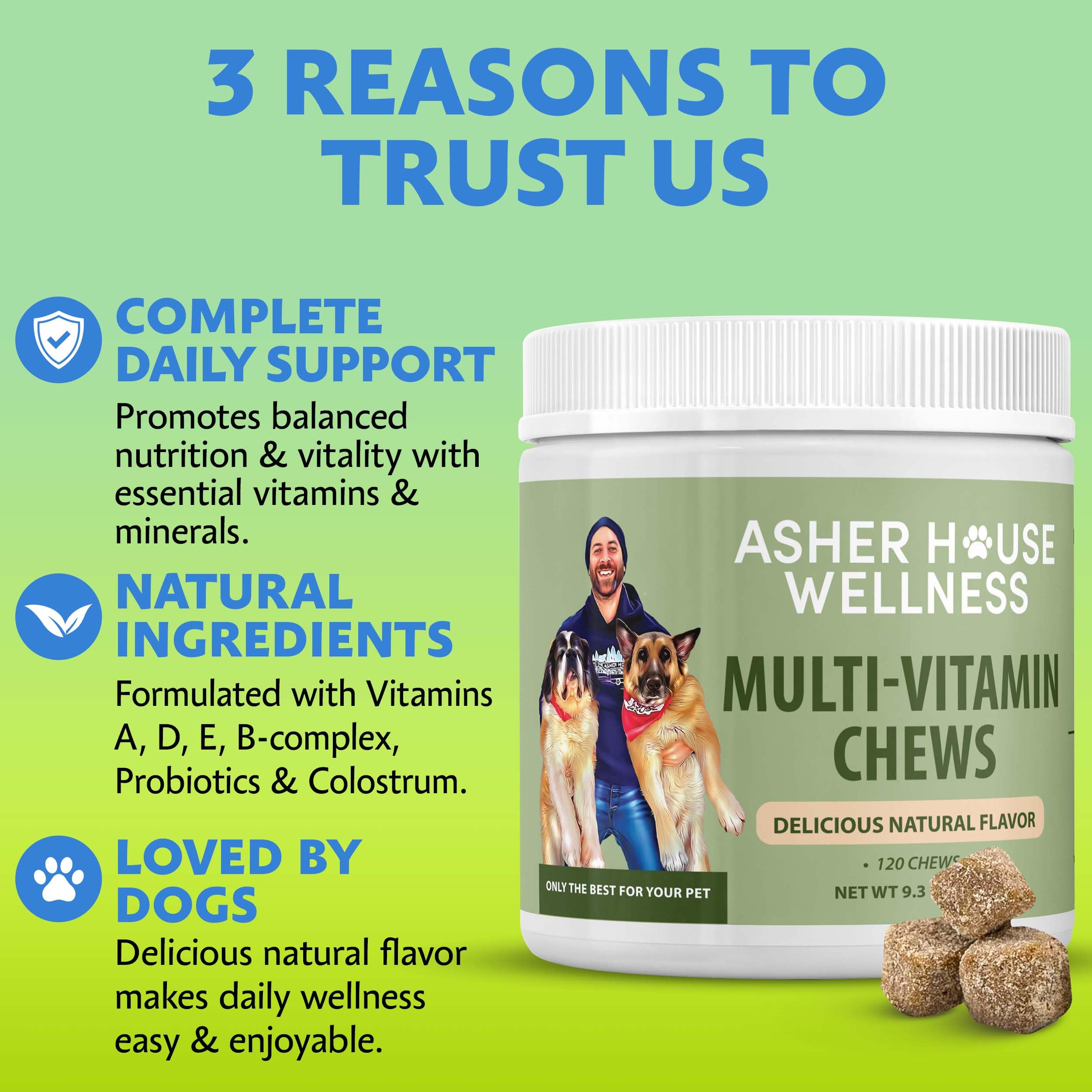 Asher House Wellness flaxseed omega-3 dog supplement image promotes coat shine.
