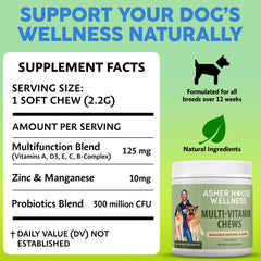 Asher House Wellness probiotic dog chews bottle highlights gut health and immune defenses.