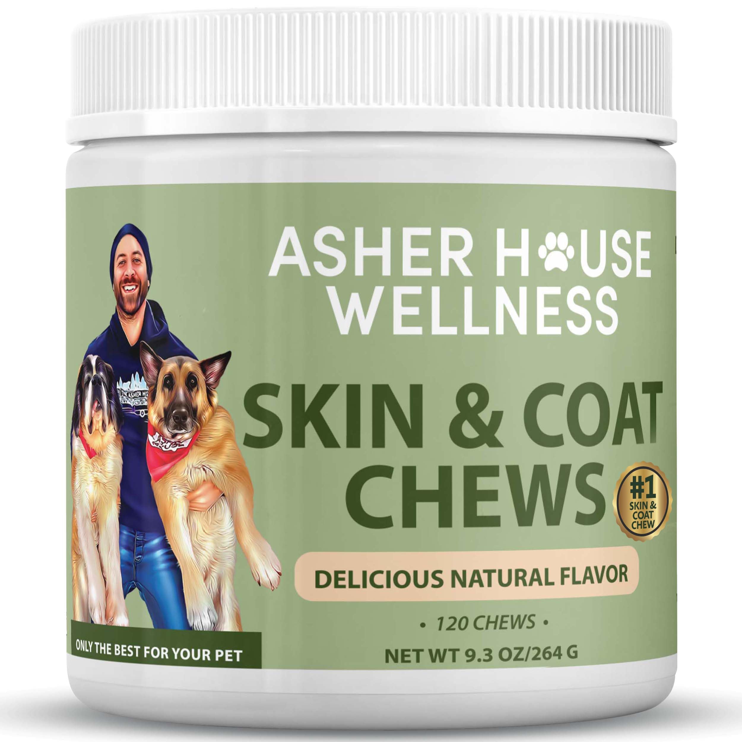 Asher House Wellness Skin & Coat Chews bottle pour supports healthy skin and a shiny coat