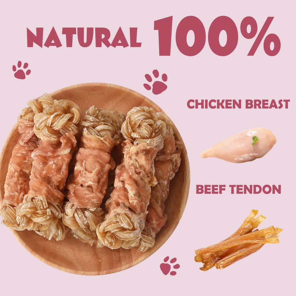 ASMPET chicken-wrapped beef tendon knots promote focused chewing sessions.