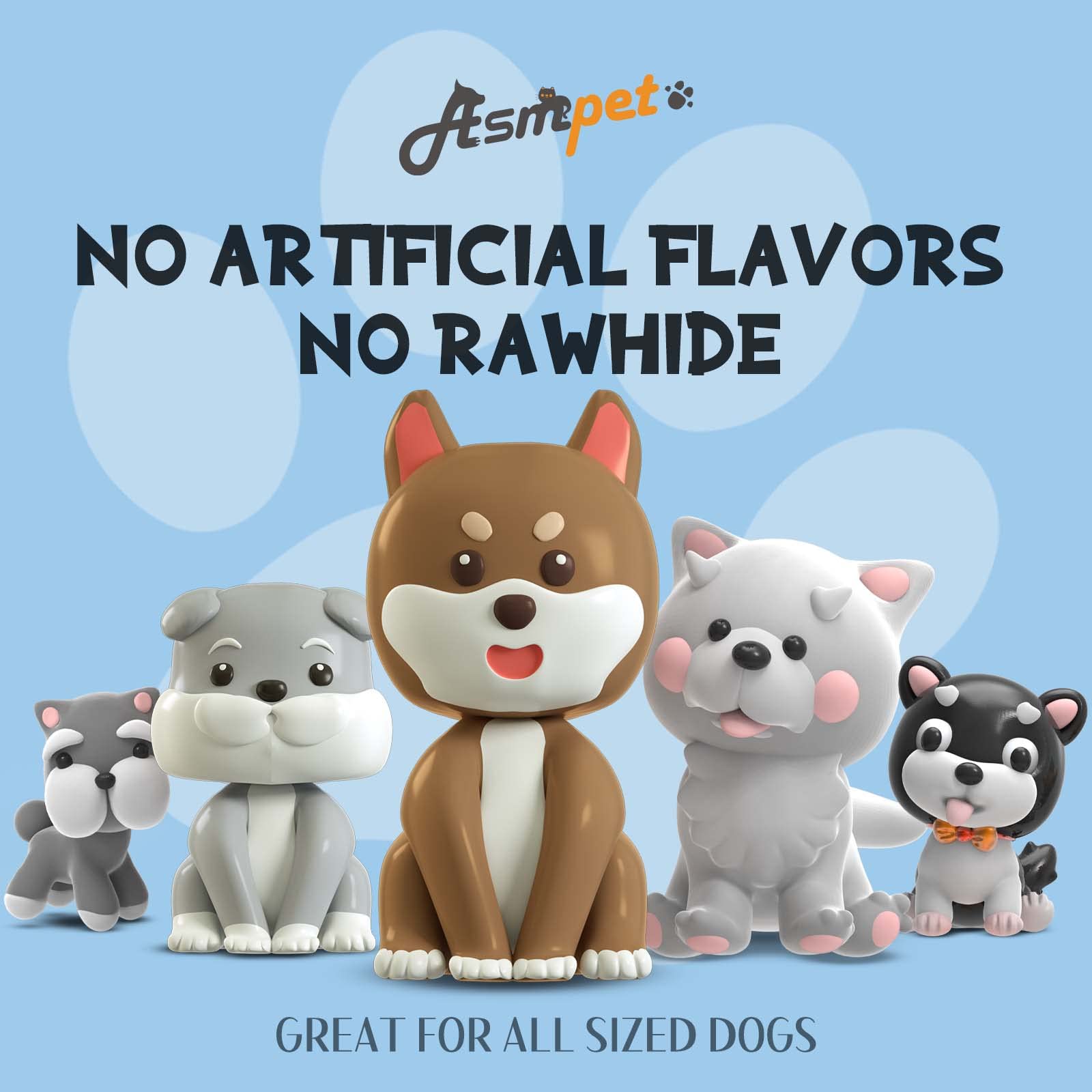 ASMPET dog cod skin treats dog enjoying snack during playtime.