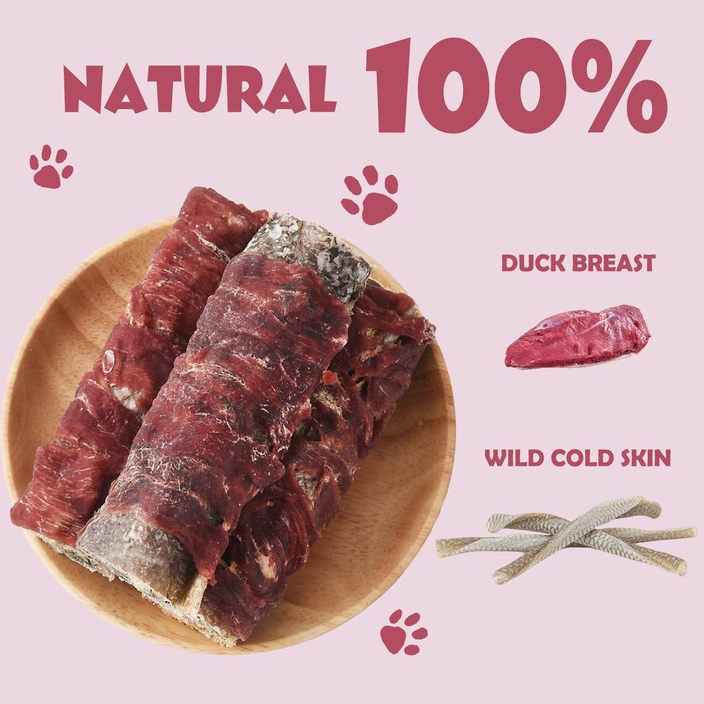 Dog enjoys ASMPET cod skin treats during walk highlighting portability