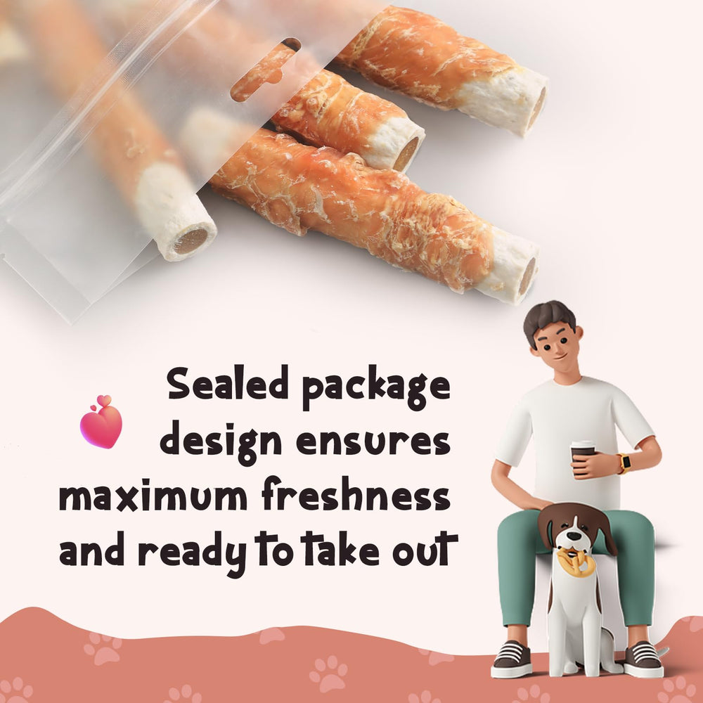 ASMPET chicken-wrapped rawhide chew in use, promotes focused chewing.