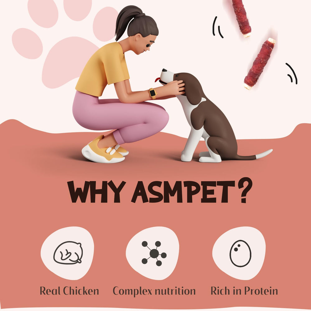 ASMPET nutrition label highlights real chicken and sweet potato ingredients.