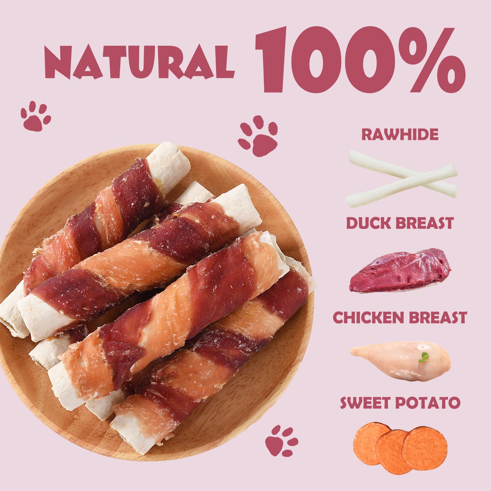 ASMPET bones with rawhide exterior and sweet potato inside for long-lasting chewing.