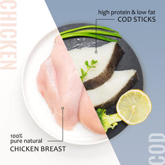 ASMPET chicken-wrapped cod sticks close-up showing natural ingredients and textures.
