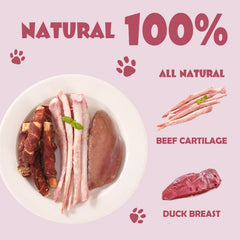 ASMPET real duck breast and beef cartilage ingredients close-up, natural chews