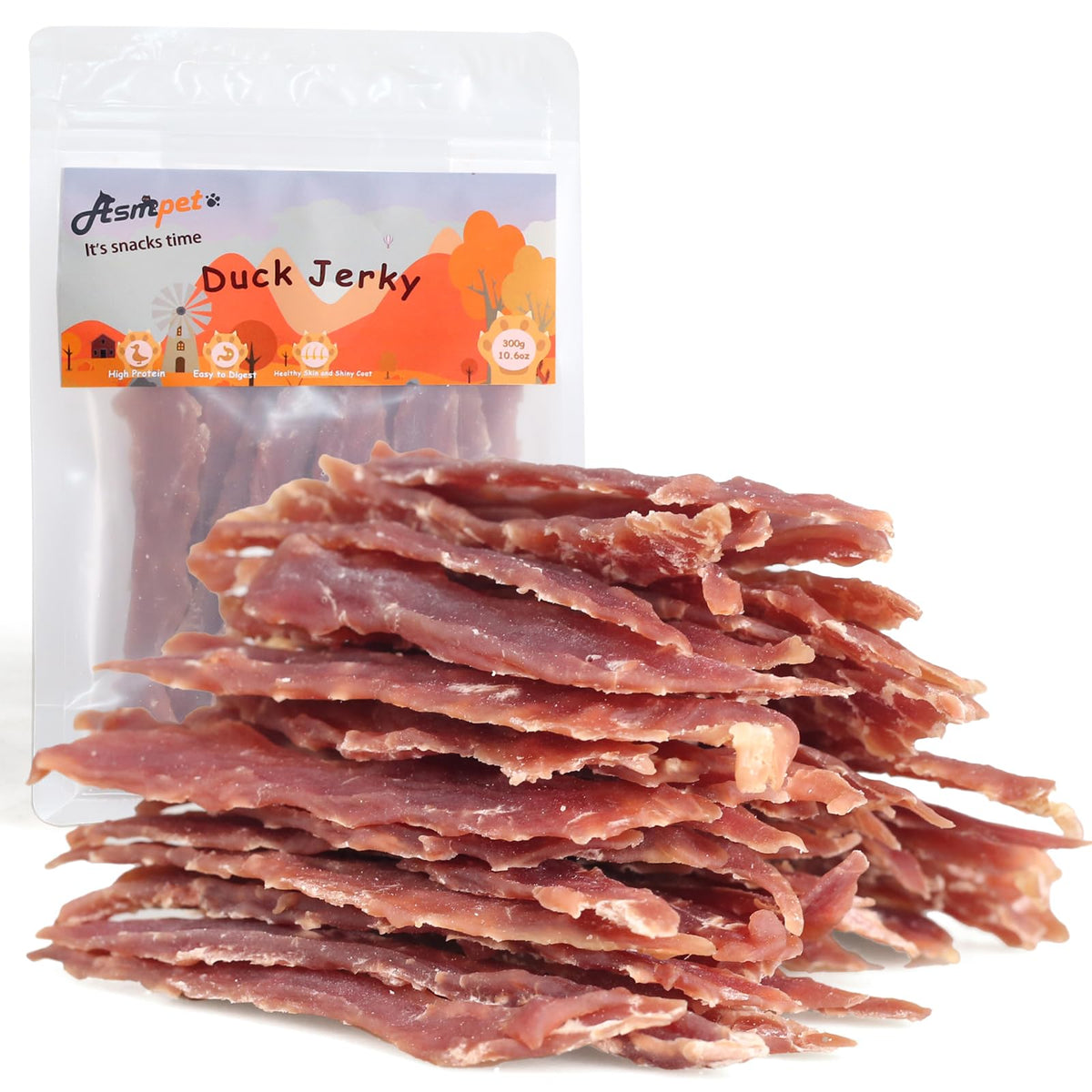 ASMPET duck jerky treats pack front highlights 100% real duck breast for a high-protein snack