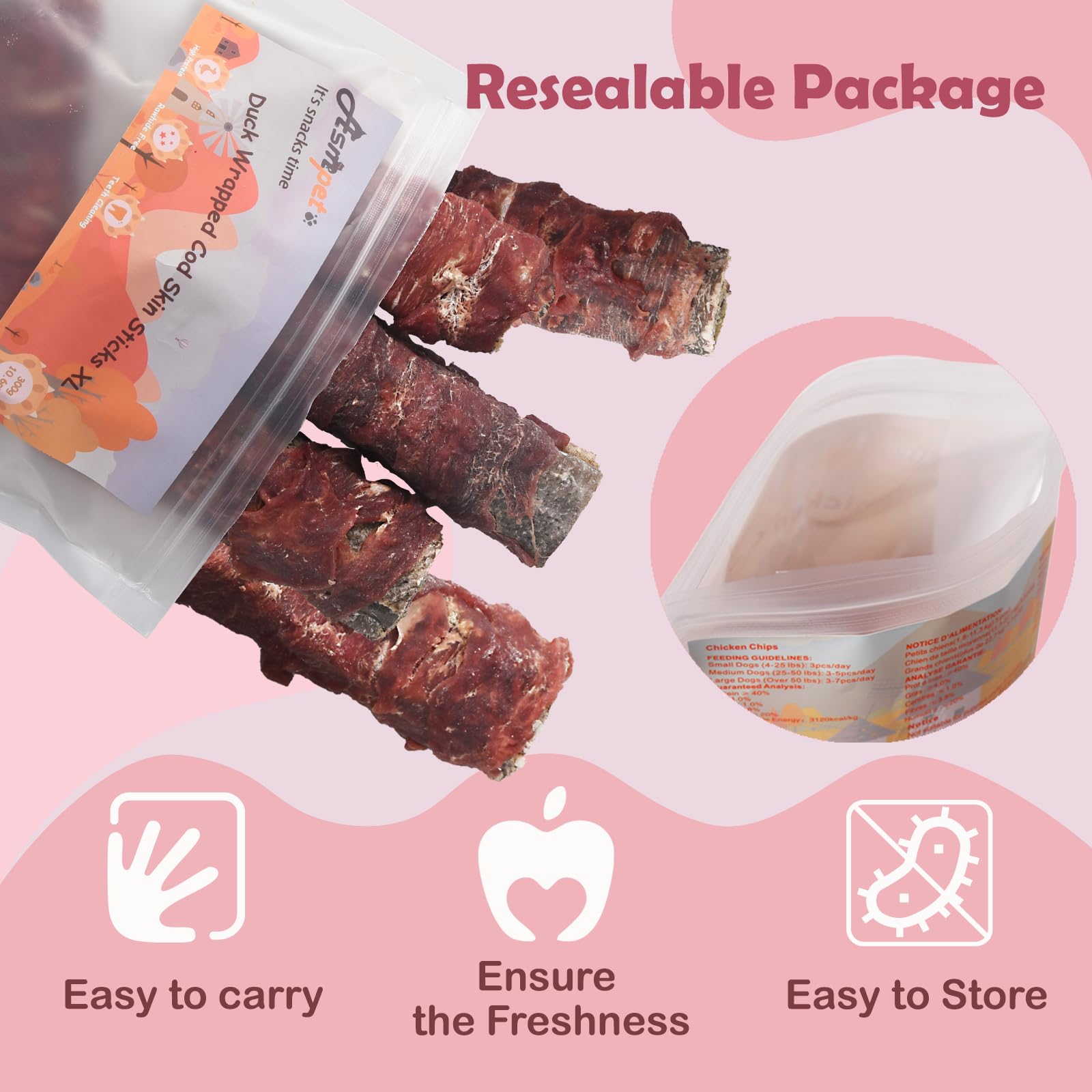 ASMPET duck wrapped cod skin stick cross section highlights digestible protein