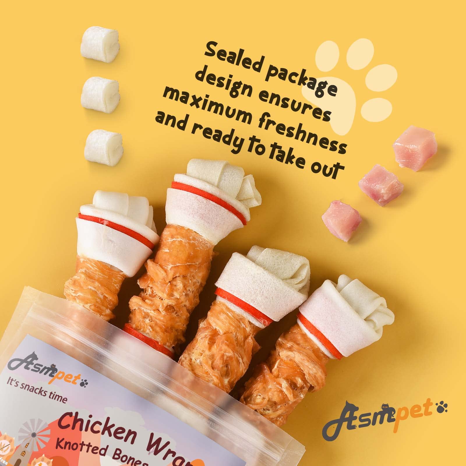 ASMPET label highlights real chicken and rawhide ingredients