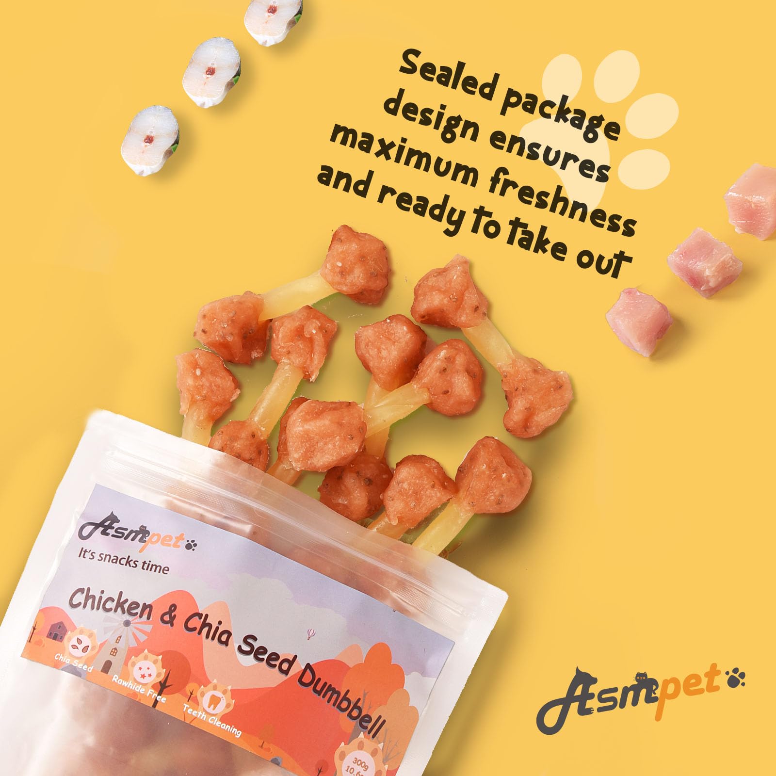 ASMPET packaged treats display, convenient bite-sized rewards for on-the-go