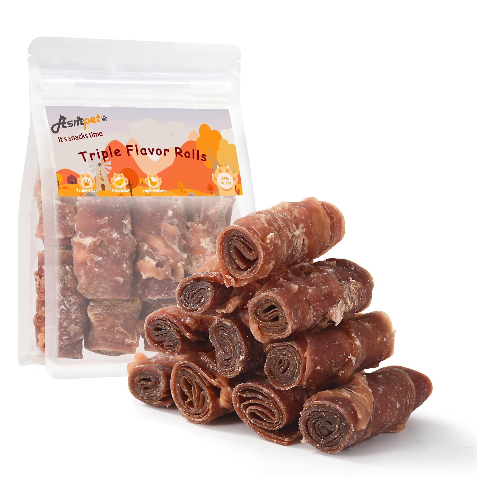 ASMPET rawhide-free dog treats packaging showing freshness for easy on-the-go snacking