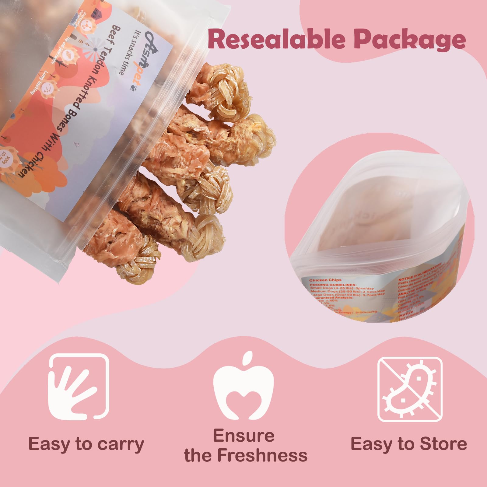 ASMPET resealable packaging keeps chews fresh for adventures at home or on walks.