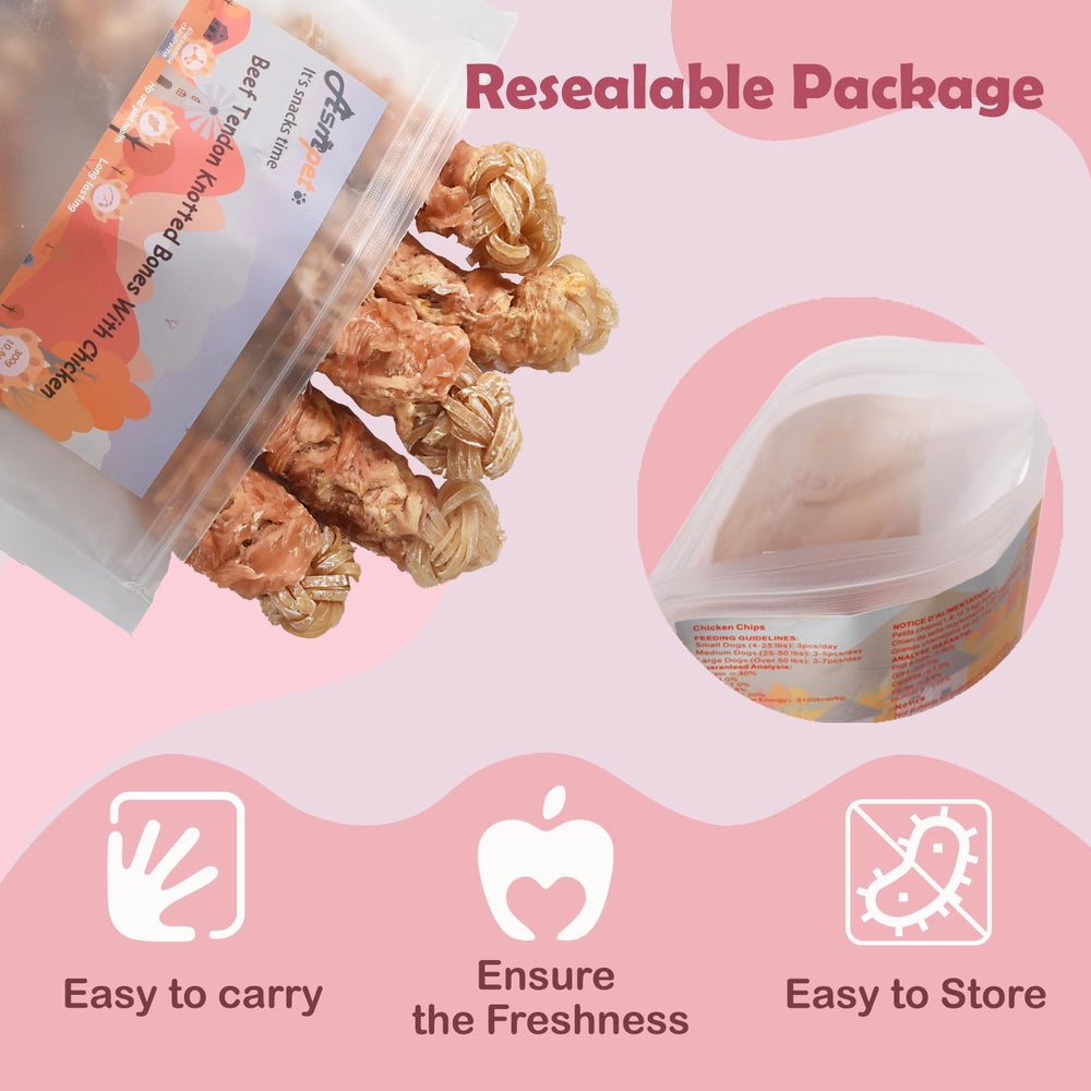 ASMPET resealable packaging keeps chews fresh for adventures at home or on walks.