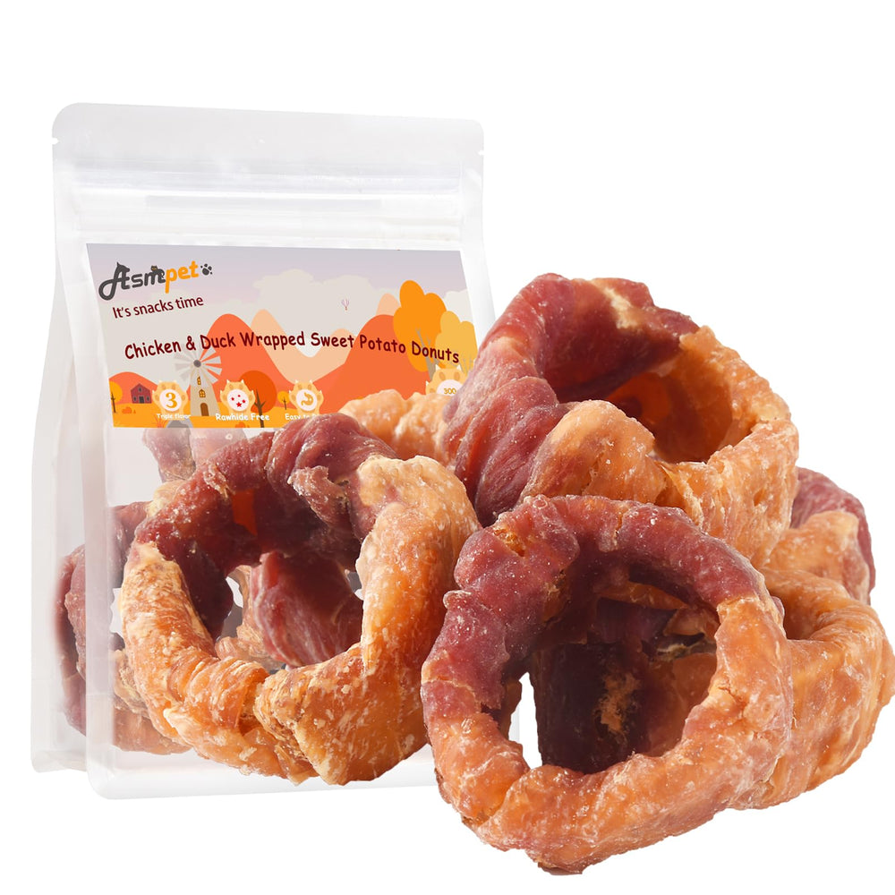 ASMPET Sweet Potato Donut packaging highlights grain-free dog snack option.