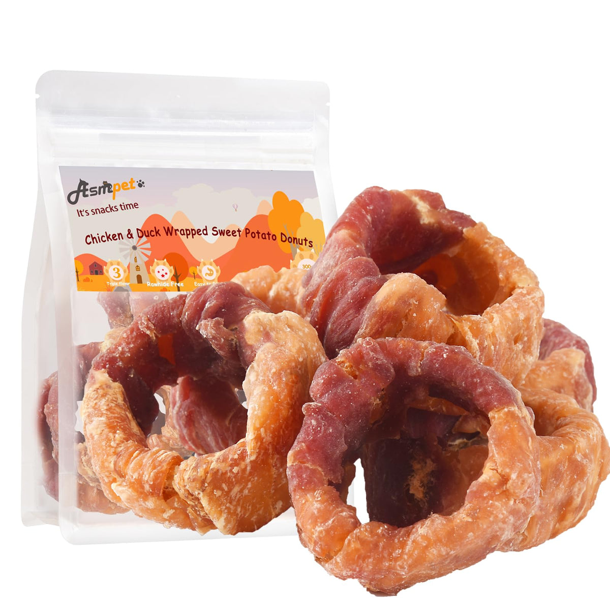 ASMPET Sweet Potato Donut packaging highlights grain-free dog snack option.