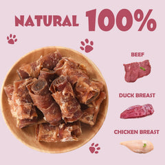 ASMPET triple-flavor chicken-wrapped-duck-beef rolls close-up for training rewards