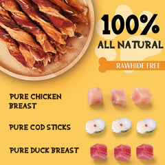 ASMPET triple-flavor jerky close-up highlights chicken, duck and cod pieces for protein-rich treats.