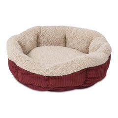 Aspen Pet self-warming round bed barn red and cream, cozy lounging for small pets.