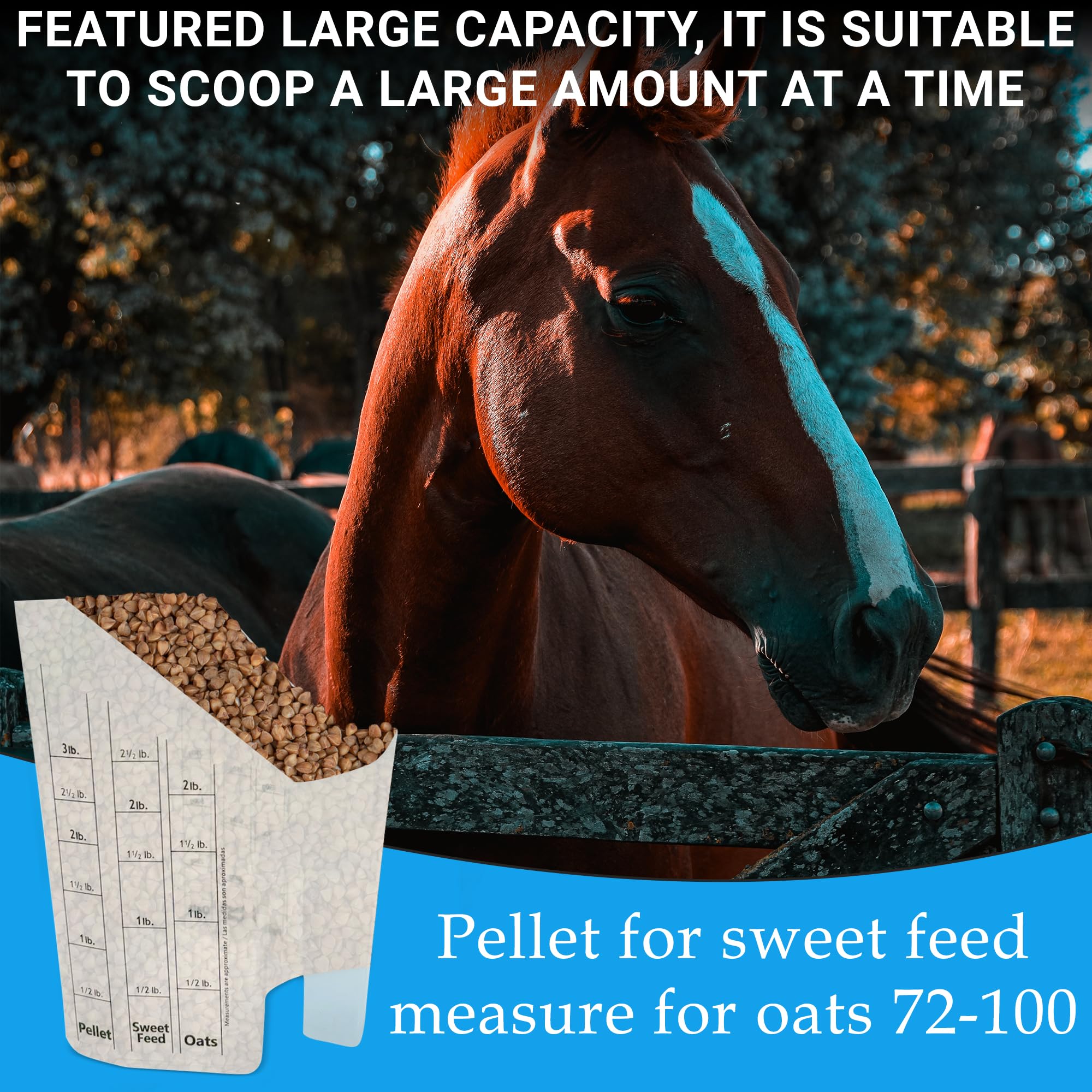 Versatile feed scoop suitable for pellets, grains, and powdered feeds.