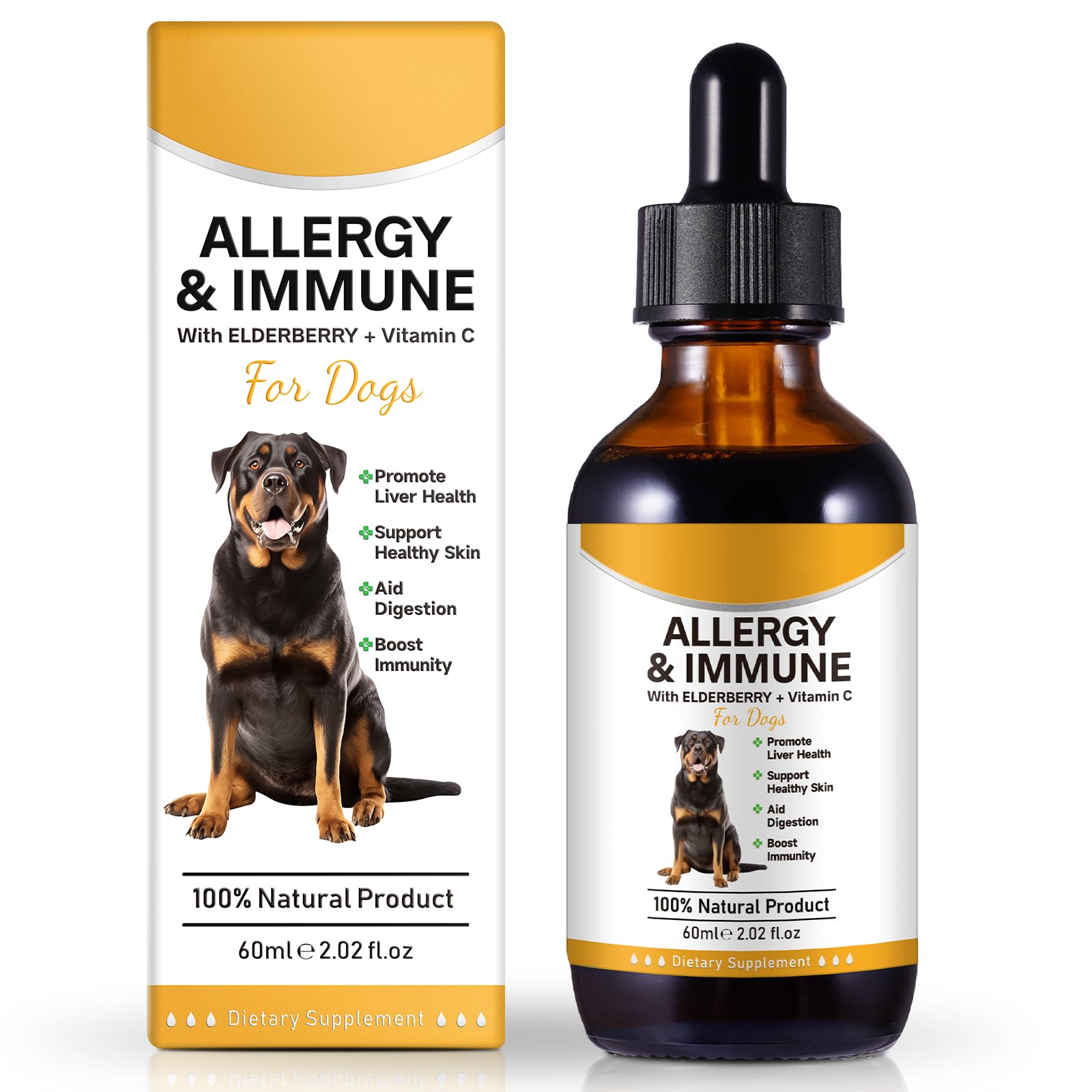 ASUSXCLI Allergy Relief Drops for Dogs bottle pour demonstrates easy dosing for daily comfort
