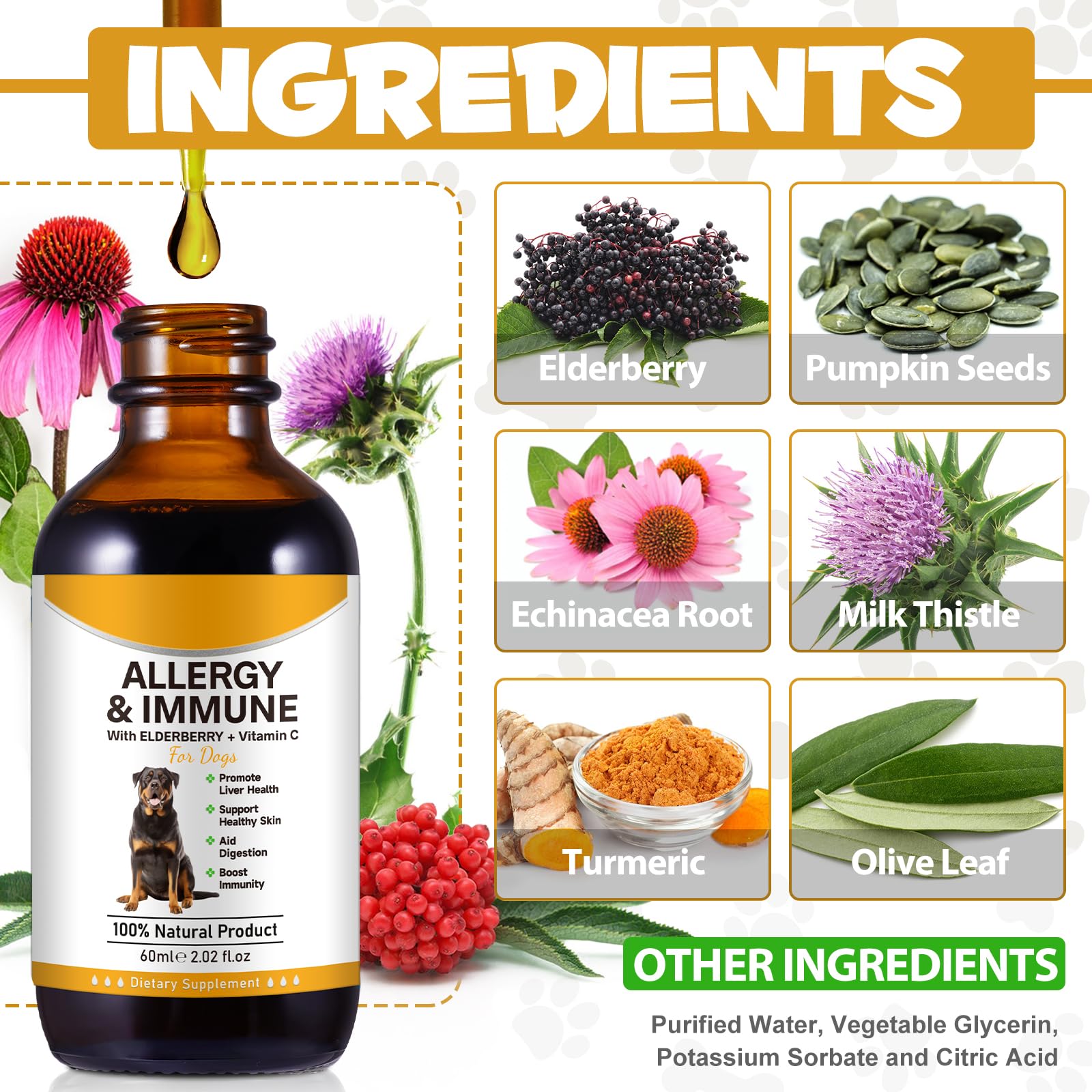 ASUSXCLI Allergy Relief Drops elderberry and curcumin blend supports seasonal relief in dogs