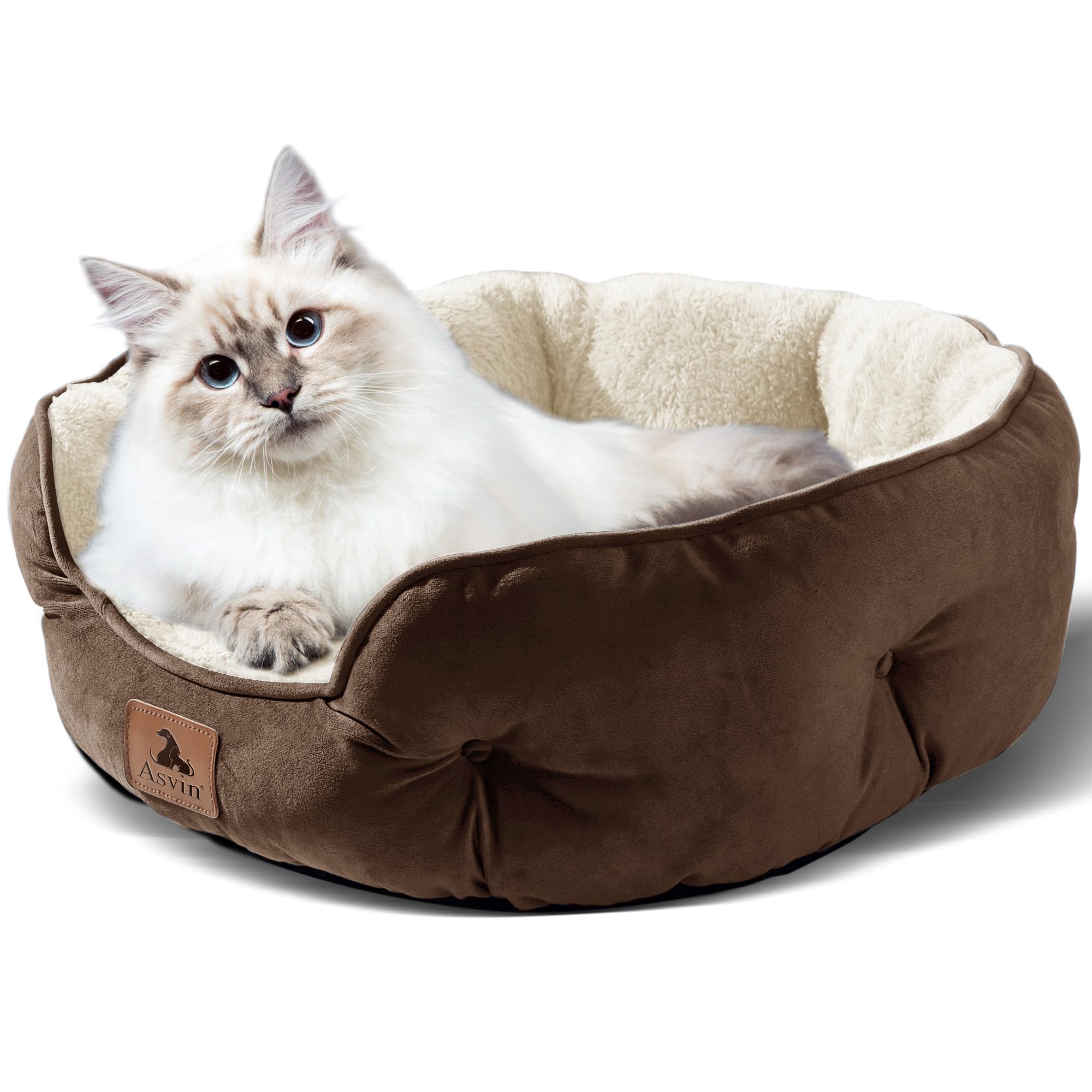 Asvin round-design bed provides a secure, comforting resting spot.