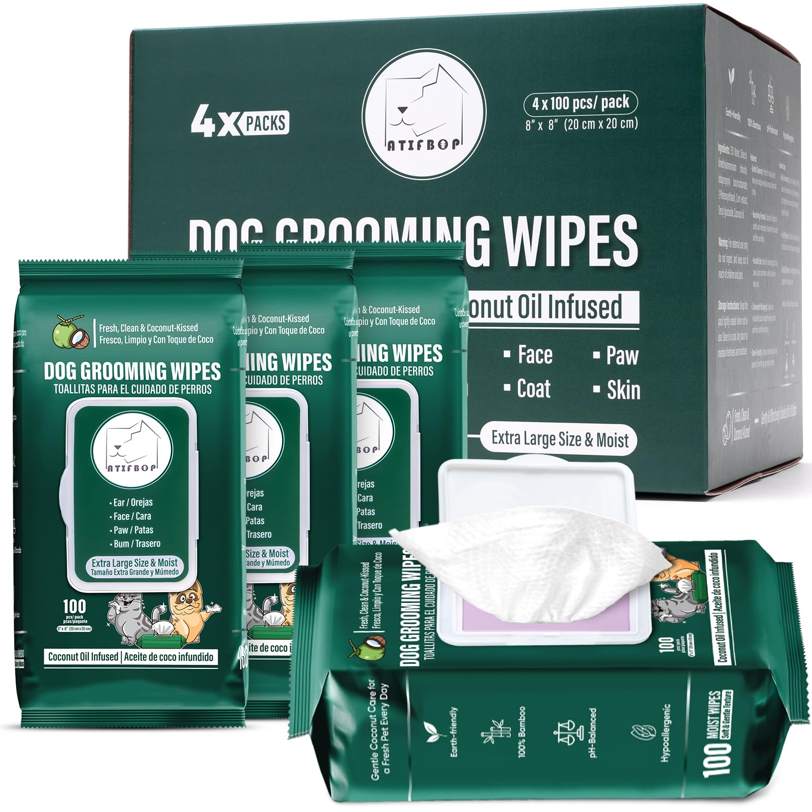 ATIFBOP dog wipes packaging showing convenient on-the-go cleaning.