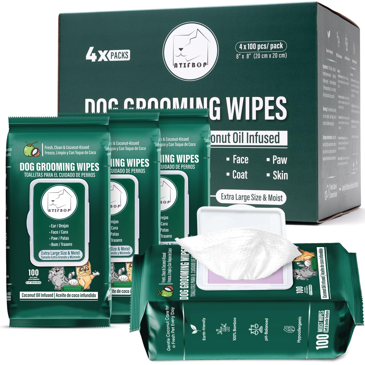 ATIFBOP dog wipes packaging showing convenient on-the-go cleaning.