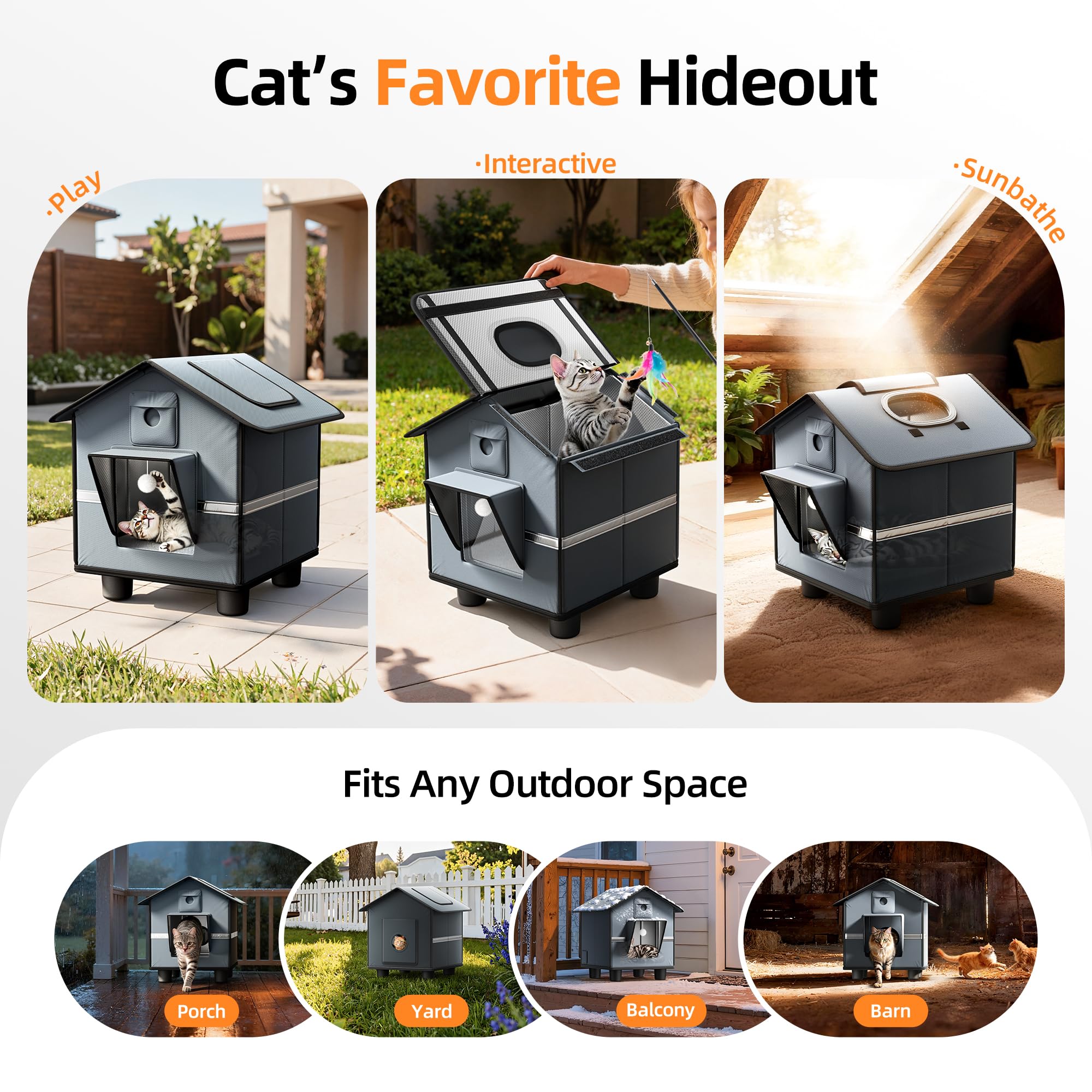 ATKTTOP outdoor cat house reflective strips boost nighttime visibility.