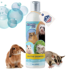 Atlantic Rush Critter Shampoo bottle shows fragrance-free formula for gentle cleaning of small pets.