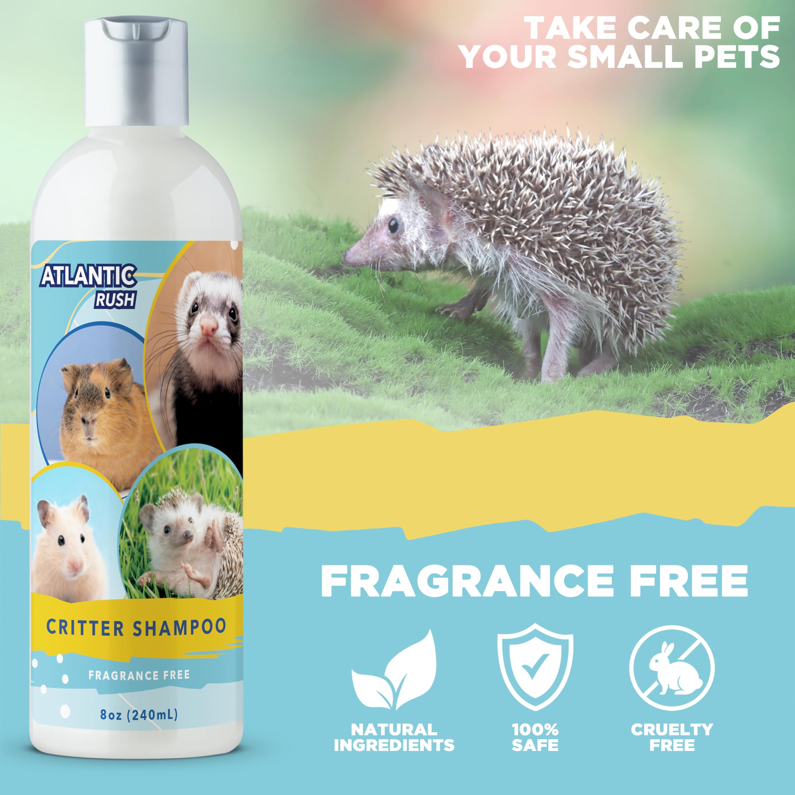 Splash of Atlantic Rush Critter Shampoo illustrating quick bath time feel.