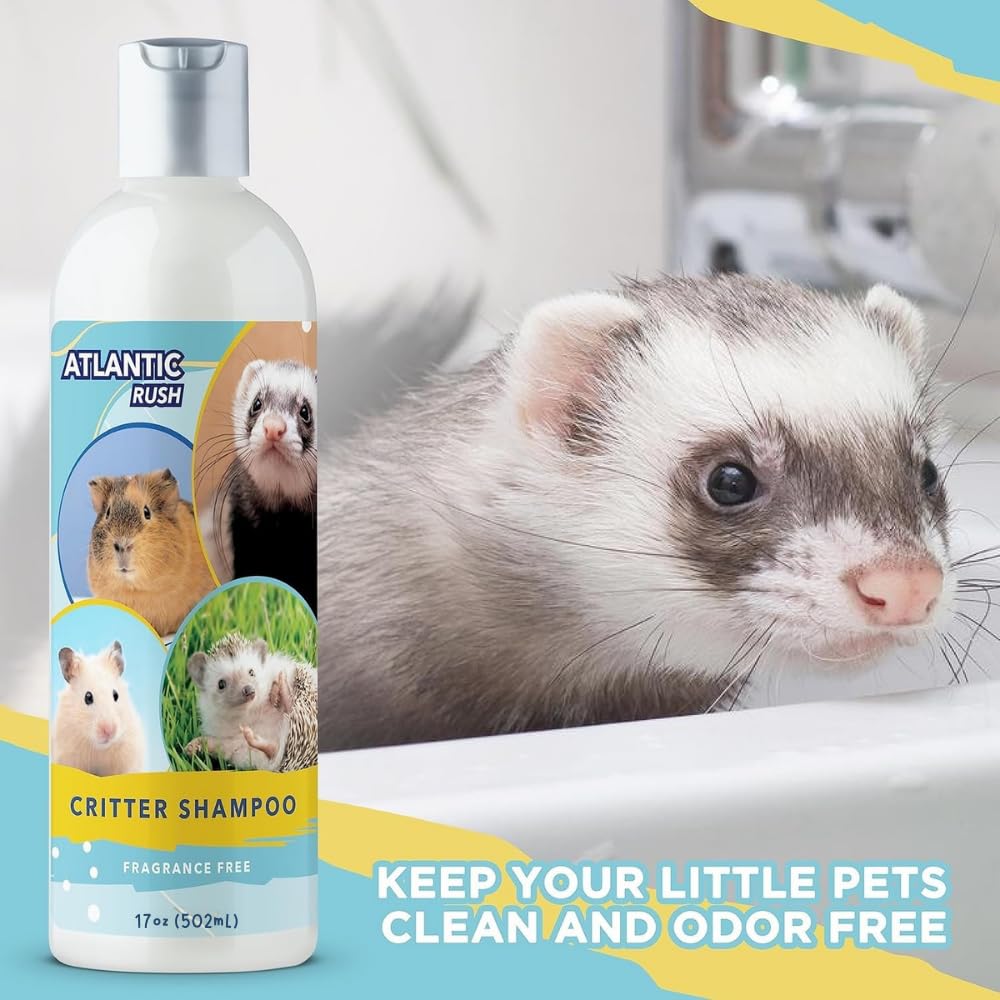 Atlantic Rush Critter Shampoo bottle label shows fragrance-free, gentle care for sensitive skin.