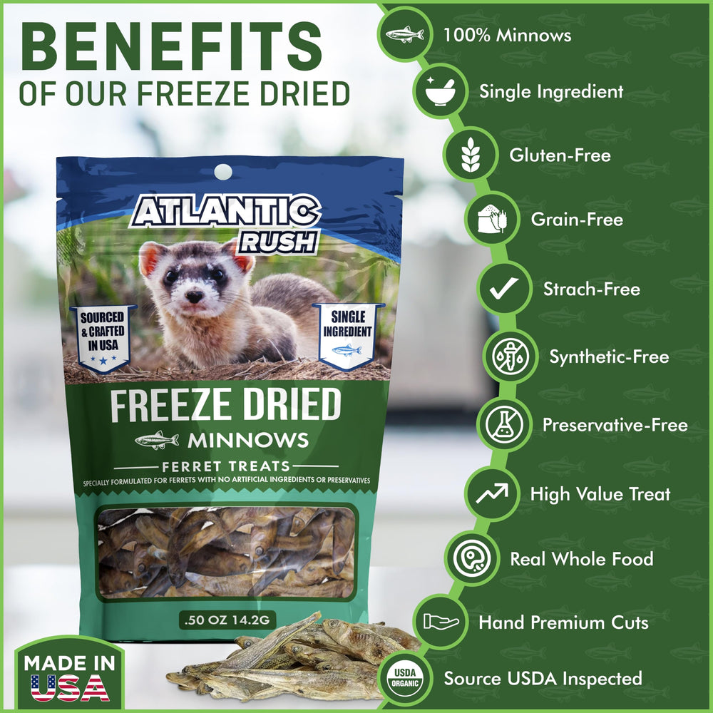Atlantic Rush single-ingredient ferret snacks provide high protein for active, growing ferrets.