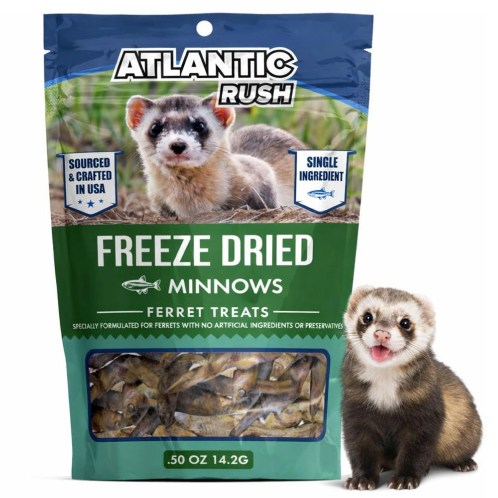 Atlantic Rush freeze-dried ferret treats in a resealable bag for convenient daily feeding.