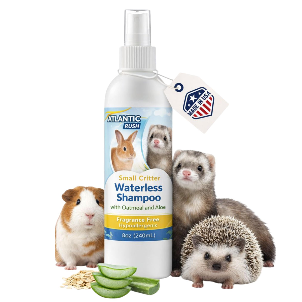 Atlantic Rush waterless shampoo bottle for quick no-rinse cleaning.