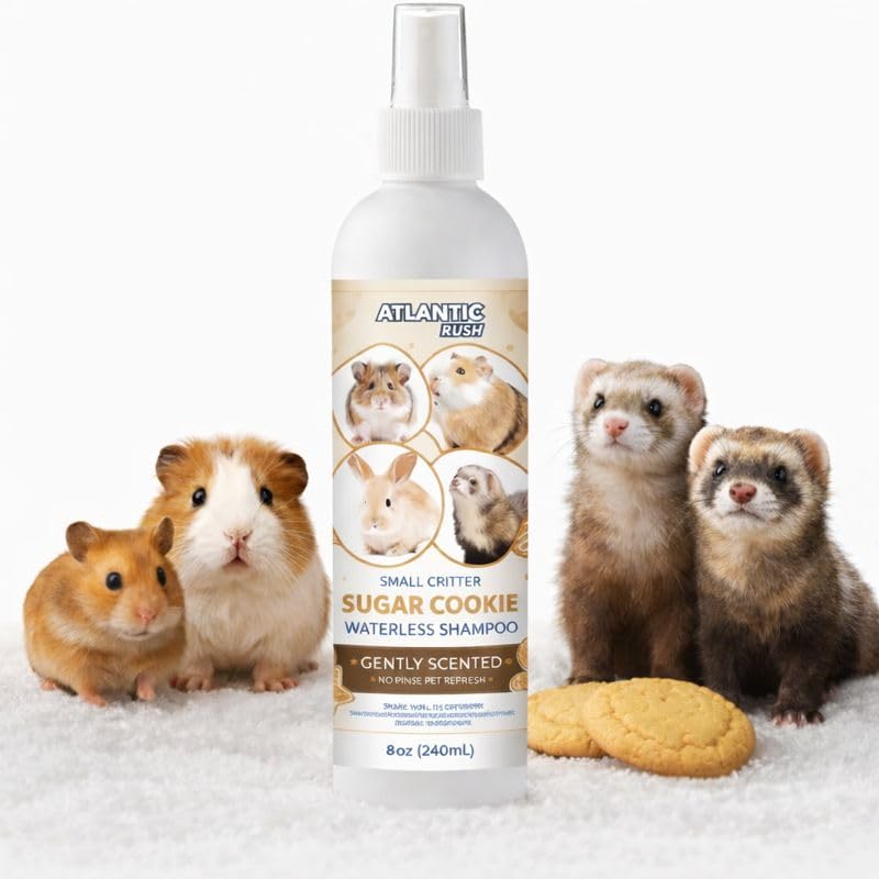 Atlantic Rush waterless shampoo bottle for small critters showing no-rinse convenience