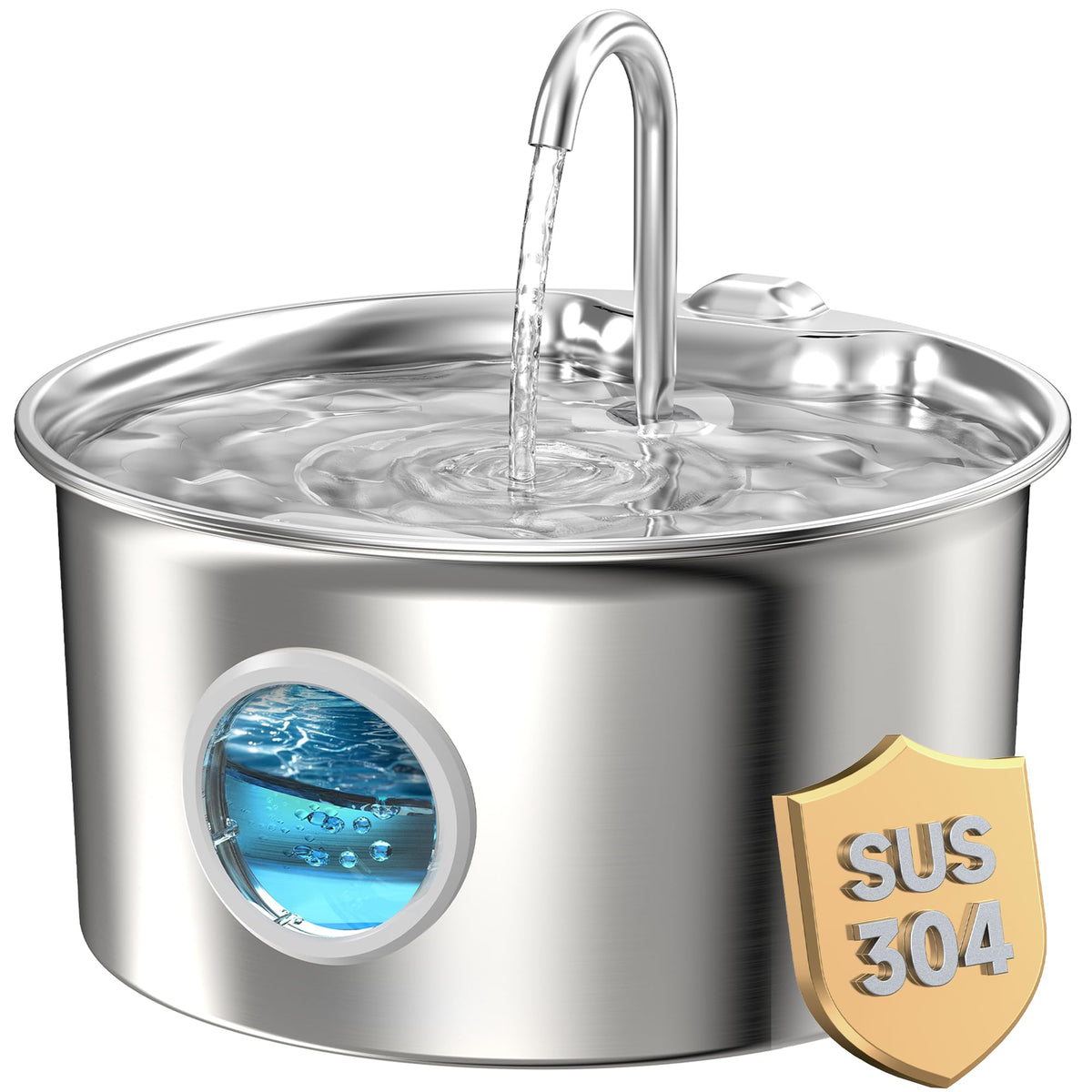 ATMZIQXR cat water fountain front view highlighting durable stainless steel and quiet operation.