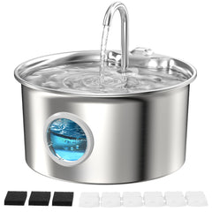ATMZIQXR stainless steel cat water fountain side view, durable design for busy households.