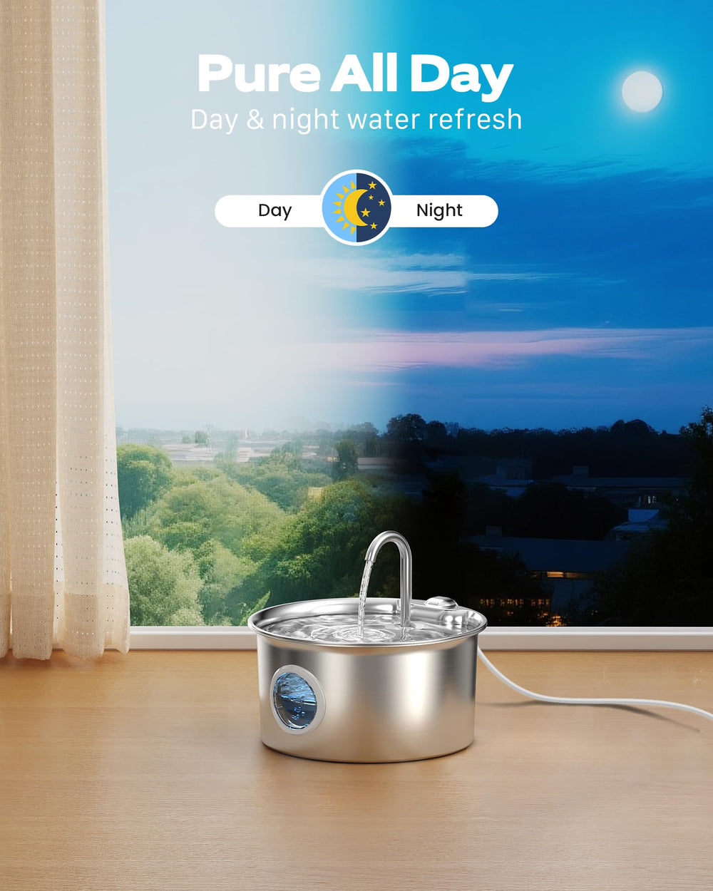 ATMZIQXR stainless steel cat water fountain transparent window viewing water level for easy refills.