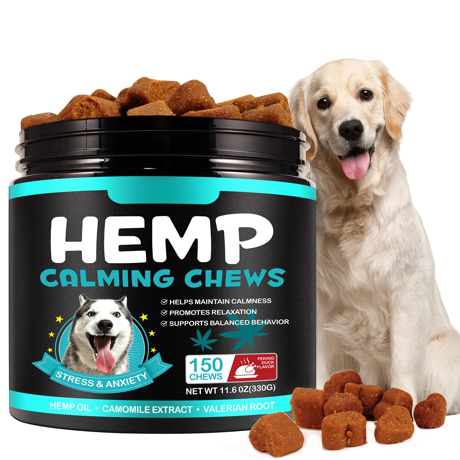 ATOANY Hemp Calming Chews for Dogs bottle on shelf, supports calmer moments.