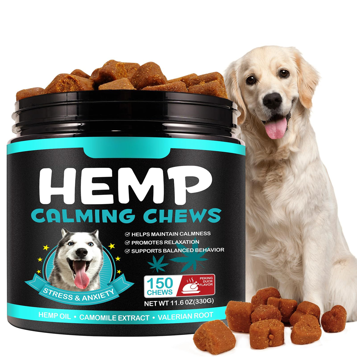 ATOANY Hemp Calming Chews for Dogs bottle on shelf, supports calmer moments.